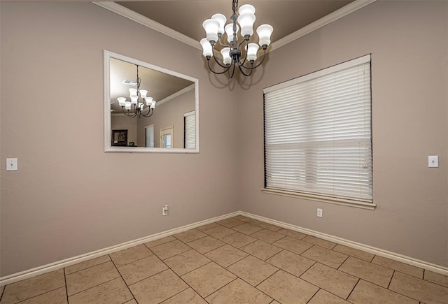 805 Evening Dr, Yukon, OK 73099 - empty room with a chandelier, crown molding, light tile patterned flooring, and baseboards