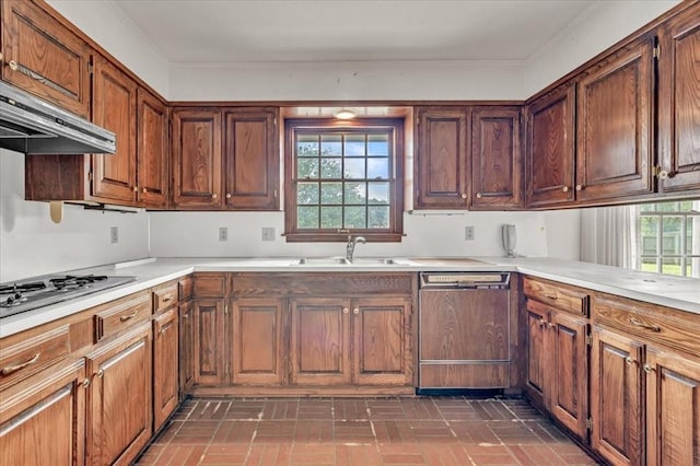 kitchen featuring dishwasher, a sink, healthy amount of natural light, and light countertops