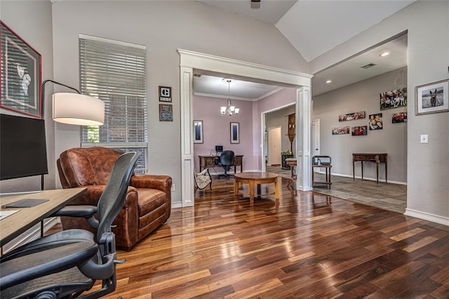 3001 NE 129th St, Edmond, OK 73013 - office area featuring wood finished floors, lofted ceiling, baseboards, ornate columns, and ornamental molding