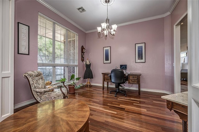 3001 NE 129th St, Edmond, OK 73013 - home office with a chandelier, dark wood-style floors, crown molding, and baseboards
