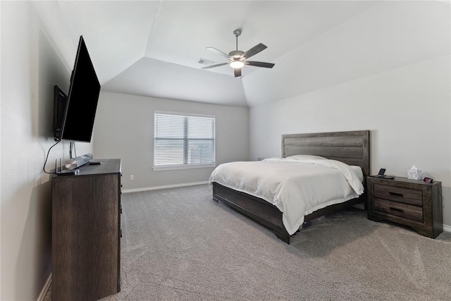 carpeted bedroom featuring baseboards, a ceiling fan, and lofted ceiling