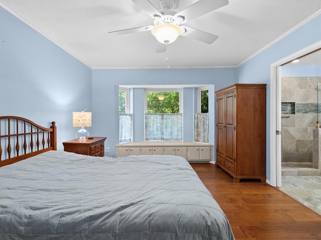 2113 Castle Rock, Edmond, OK 73003 - bedroom featuring wood finished floors, ornamental molding, connected bathroom, and ceiling fan