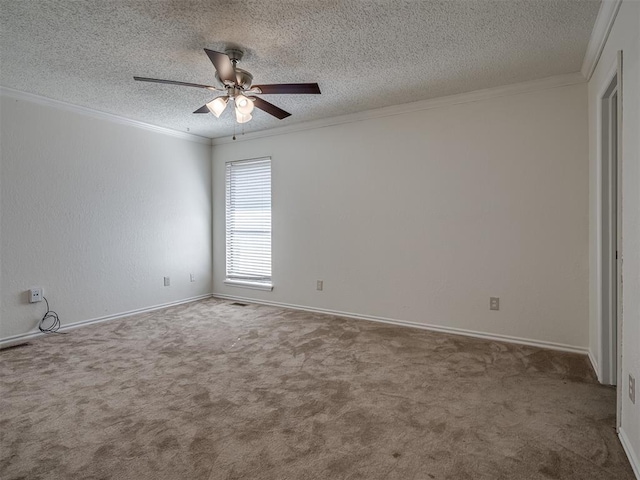 1108 SW 118th Pl, Oklahoma City, OK 73170 - carpeted empty room with crown molding, a textured ceiling, a ceiling fan, and baseboards