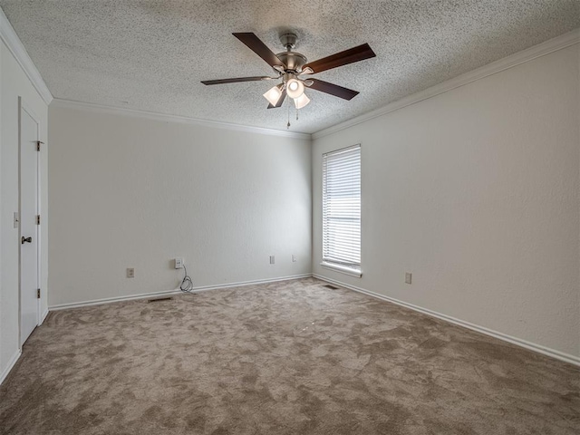 1108 SW 118th Pl, Oklahoma City, OK 73170 - carpeted spare room featuring ornamental molding, a textured ceiling, ceiling fan, and baseboards