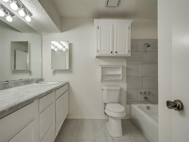 1108 SW 118th Pl, Oklahoma City, OK 73170 - full bath with toilet, vanity, a textured ceiling, marble look tile flooring, and shower / bath combination
