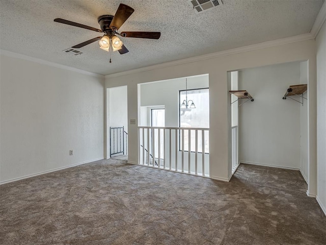 1108 SW 118th Pl, Oklahoma City, OK 73170 - unfurnished bedroom featuring carpet, crown molding, a textured ceiling, a ceiling fan, and baseboards