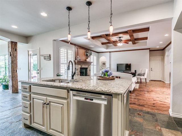 7612 NW 134th St, Oklahoma City, OK 73142 - kitchen with dishwasher, a sink, a ceiling fan, open floor plan, and coffered ceiling