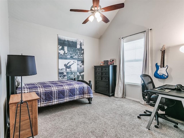 7612 NW 134th St, Oklahoma City, OK 73142 - bedroom with carpet, baseboards, an office area, a ceiling fan, and high vaulted ceiling