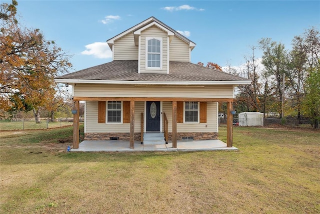 3234 N Hiwassee Rd, Choctaw, OK 73020 - bungalow featuring a storage unit, a shingled roof, covered porch, and an outbuilding