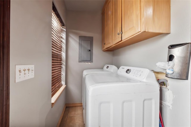 3234 N Hiwassee Rd, Choctaw, OK 73020 - clothes washing area featuring electric panel, cabinet space, washing machine and dryer, tile patterned floors, and baseboards
