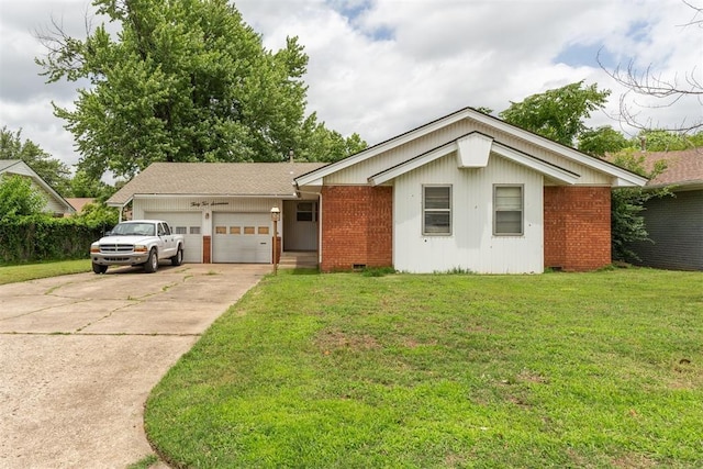 3217 NW 34th St, Oklahoma City, OK 73112 - ranch-style house featuring brick siding, driveway, an attached garage, and a front lawn