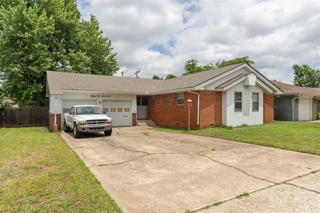 3217 NW 34th St, Oklahoma City, OK 73112 - ranch-style house with brick siding, a garage, concrete driveway, crawl space, and a shingled roof
