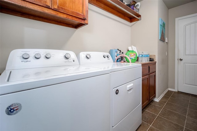 1528 Fawn Run Xing, Norman, OK 73071 - laundry area with washer and dryer, cabinet space, dark tile patterned flooring, and baseboards