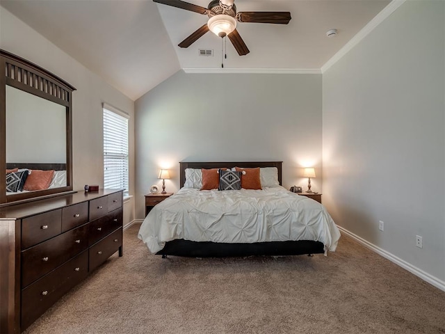 12005 NW 139th St, Piedmont, OK 73078 - bedroom with baseboards, carpet flooring, vaulted ceiling, crown molding, and ceiling fan