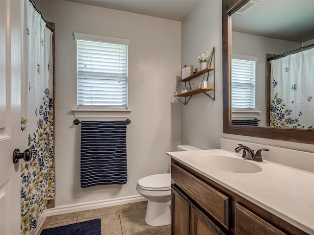 12005 NW 139th St, Piedmont, OK 73078 - bathroom featuring tile patterned flooring, toilet, vanity, baseboards, and a shower with curtain