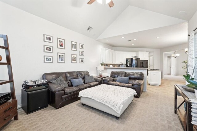 1701 Tifton Dr, Edmond, OK 73012 - living area featuring ceiling fan, recessed lighting, and high vaulted ceiling