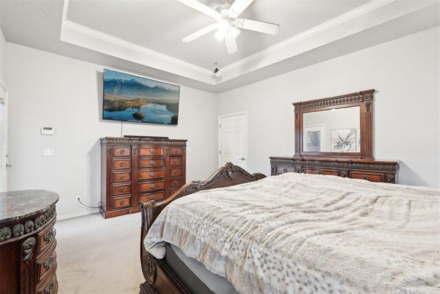 1701 Tifton Dr, Edmond, OK 73012 - bedroom featuring carpet, crown molding, a raised ceiling, a ceiling fan, and baseboards