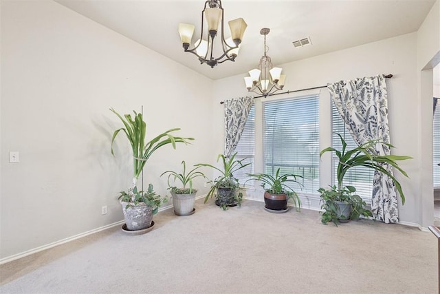 1701 Tifton Dr, Edmond, OK 73012 - sitting room featuring a chandelier, carpet, baseboards, and healthy amount of natural light