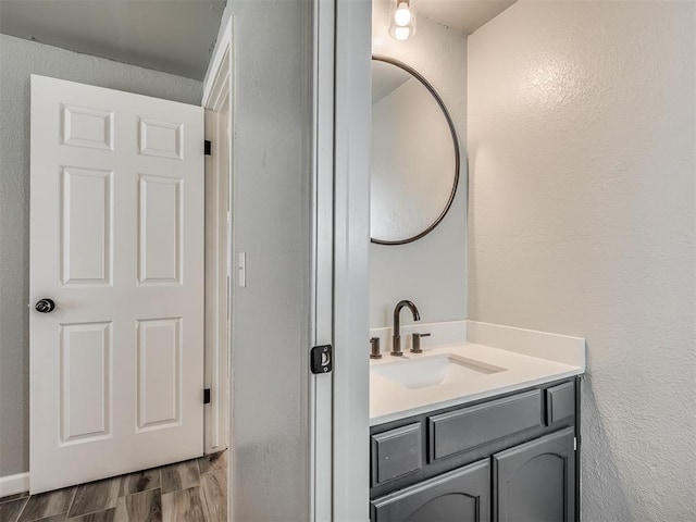 813 Branchwood Ct, Norman, OK 73072 - bathroom with vanity, wood finished floors, and a textured wall