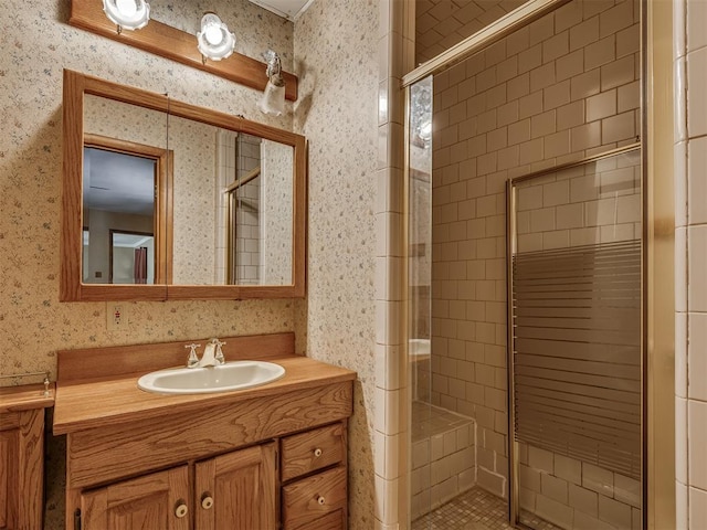 1132 SW 25th St, Oklahoma City, OK 73109 - full bath with a shower stall, vanity, and wallpapered walls