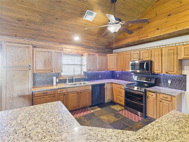 kitchen featuring appliances with stainless steel finishes, a sink, wooden ceiling, stone tile flooring, and backsplash