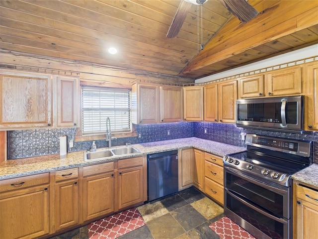 kitchen featuring stainless steel appliances, a sink, wood ceiling, backsplash, and recessed lighting