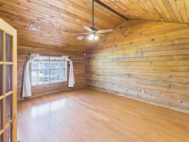 unfurnished room featuring wood ceiling, hardwood / wood-style flooring, wood walls, and a ceiling fan