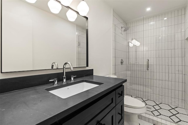 3236 NW 68th St, Oklahoma City, OK 73116 - full bathroom with toilet, a shower stall, vanity, recessed lighting, and tile patterned floors