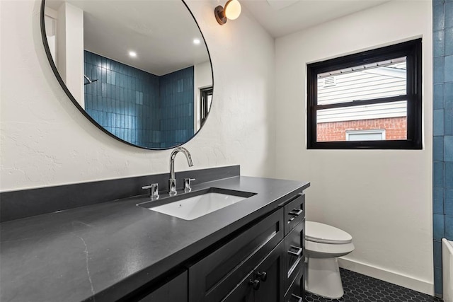 3236 NW 68th St, Oklahoma City, OK 73116 - bathroom with vanity, toilet, a shower, and tile patterned floors