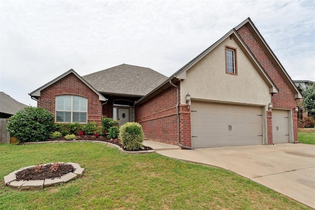 view of front of house featuring brick siding, driveway, a front lawn, and stucco siding