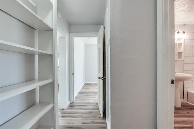 hallway featuring light wood-style flooring and tile walls