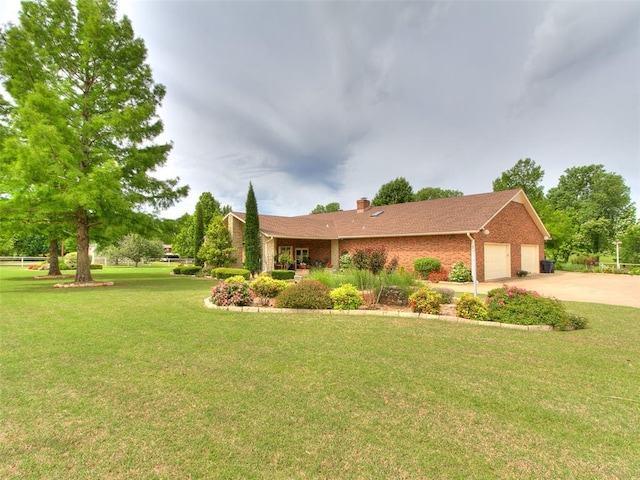 8501 S Council Rd, Oklahoma City, OK 73169 - ranch-style home featuring brick siding, a garage, a front lawn, concrete driveway, and a chimney