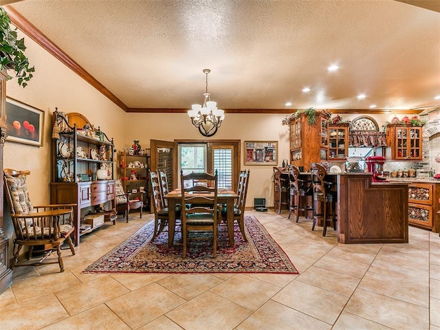 8501 S Council Rd, Oklahoma City, OK 73169 - dining space featuring a chandelier, crown molding, a textured ceiling, light tile patterned floors, and recessed lighting