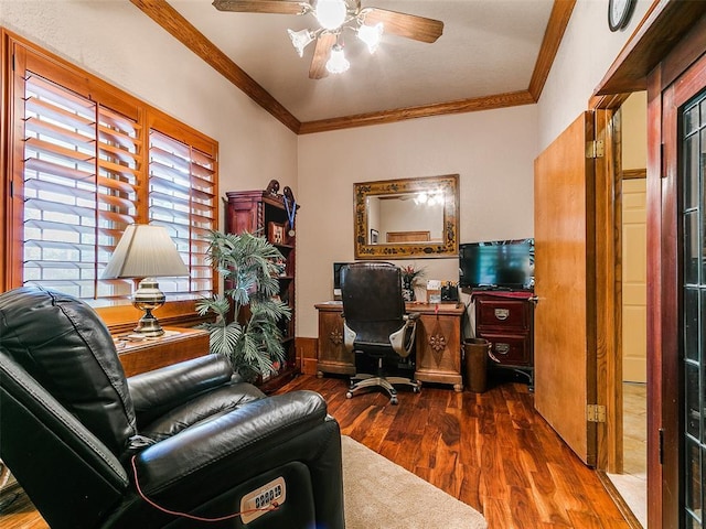 8501 S Council Rd, Oklahoma City, OK 73169 - office space featuring crown molding, dark wood-style floors, and ceiling fan