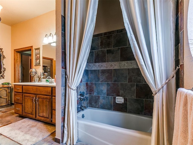 8501 S Council Rd, Oklahoma City, OK 73169 - bathroom with shower / tub combo with curtain, vanity, and tile patterned floors