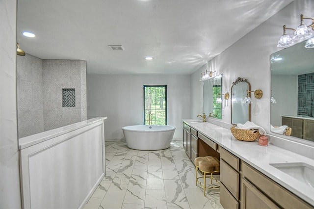40202 Benson Park Rd, Shawnee, OK 74801 - full bath with marble finish floors, double vanity, a soaking tub, recessed lighting, and walk in shower