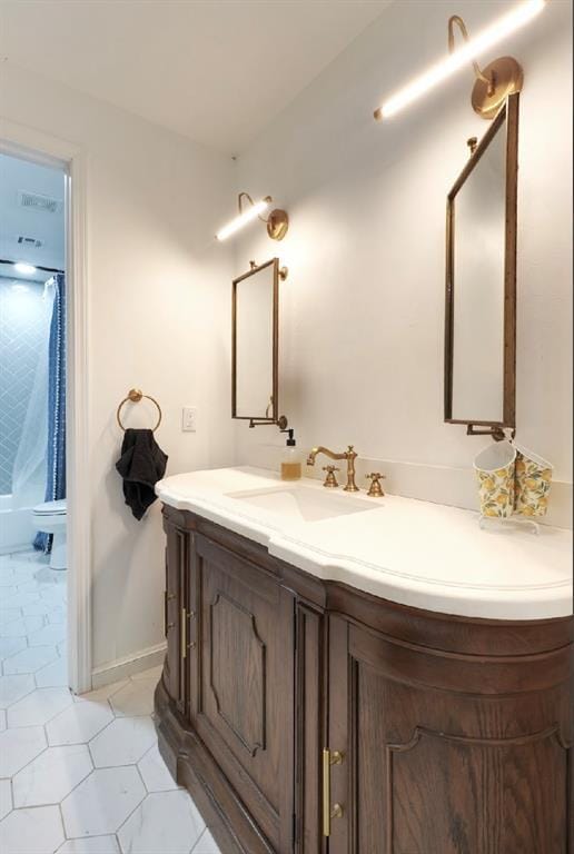 40202 Benson Park Rd, Shawnee, OK 74801 - bathroom with vanity, a shower with curtain, and tile patterned floors