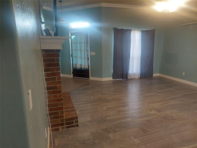 531 W Shadow Ridge Way, Mustang, OK 73064 - unfurnished living room featuring baseboards, a brick fireplace, and parquet floors