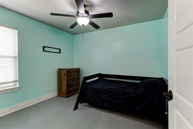 3024 Drake Crest Dr, Edmond, OK 73034 - bedroom with finished concrete flooring, a ceiling fan, and baseboards