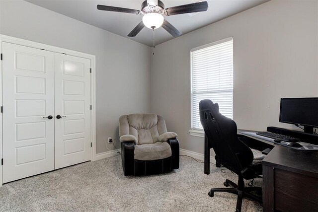 3024 Drake Crest Dr, Edmond, OK 73034 - home office featuring carpet flooring, healthy amount of natural light, baseboards, and a ceiling fan