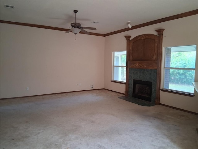 824 SE 38th St, Moore, OK 73129 - unfurnished living room featuring crown molding, ceiling fan, baseboards, and light carpet