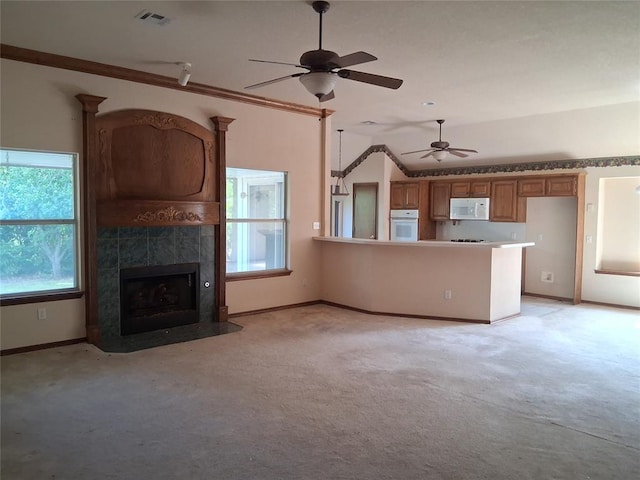 824 SE 38th St, Moore, OK 73129 - unfurnished living room featuring light carpet, a ceiling fan, vaulted ceiling, and ornamental molding