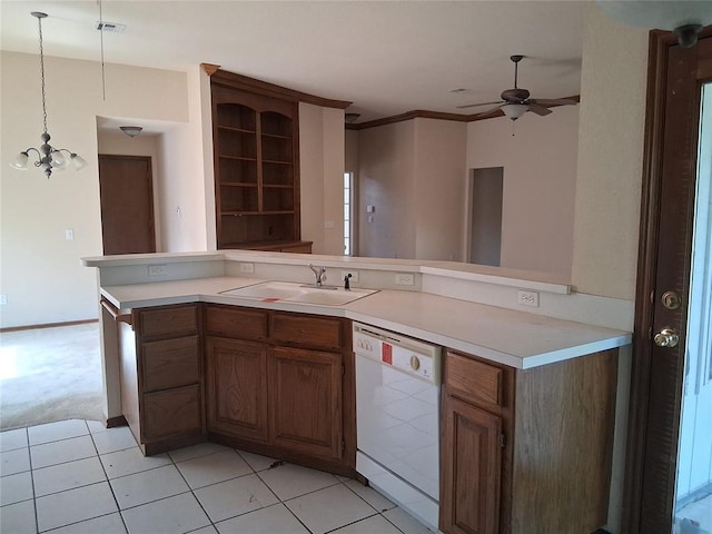 824 SE 38th St, Moore, OK 73129 - kitchen featuring white dishwasher, a sink, light countertops, a ceiling fan, and brown cabinetry