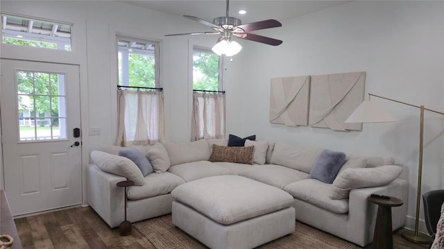 25 Firefly Ln, Eufaula, OK 74432 - living area with wood finished floors, ceiling fan, and recessed lighting