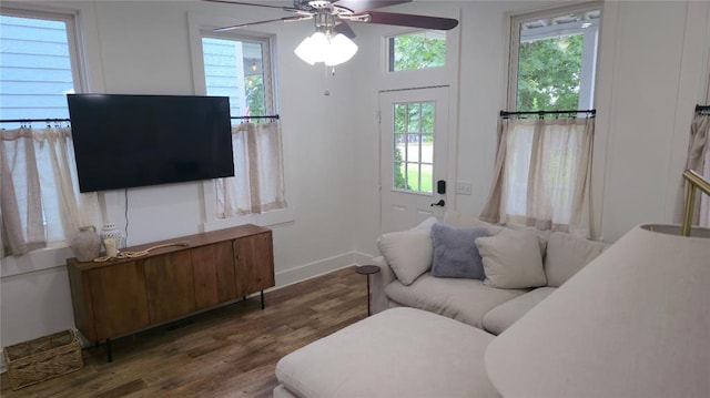 25 Firefly Ln, Eufaula, OK 74432 - living room with a ceiling fan, wood finished floors, and baseboards