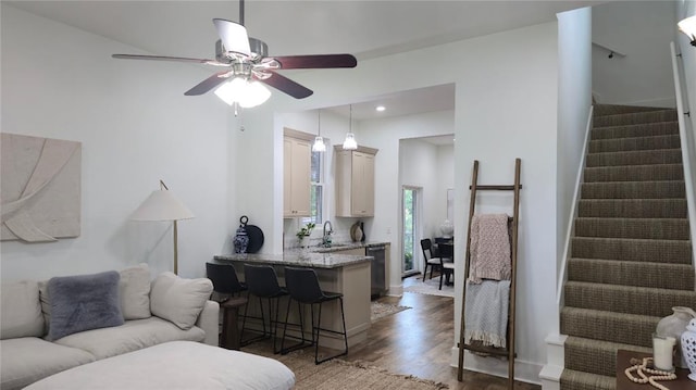 25 Firefly Ln, Eufaula, OK 74432 - living room featuring ceiling fan, wood finished floors, stairs, and recessed lighting