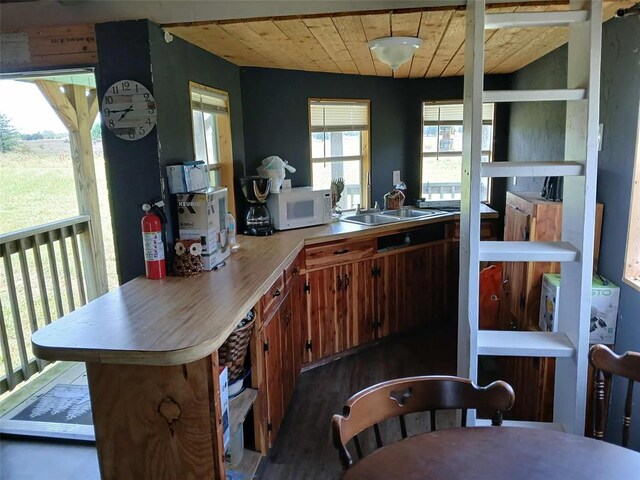 218 N 4150th Rd, Antlers, OK 74523 - kitchen with a sink, white microwave, light countertops, wood ceiling, and dark wood-type flooring