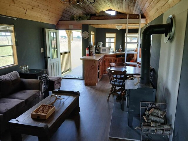 218 N 4150th Rd, Antlers, OK 74523 - living area featuring vaulted ceiling, wooden ceiling, and dark wood finished floors