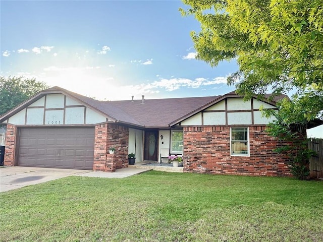 tudor-style house with a garage, concrete driveway, and brick siding