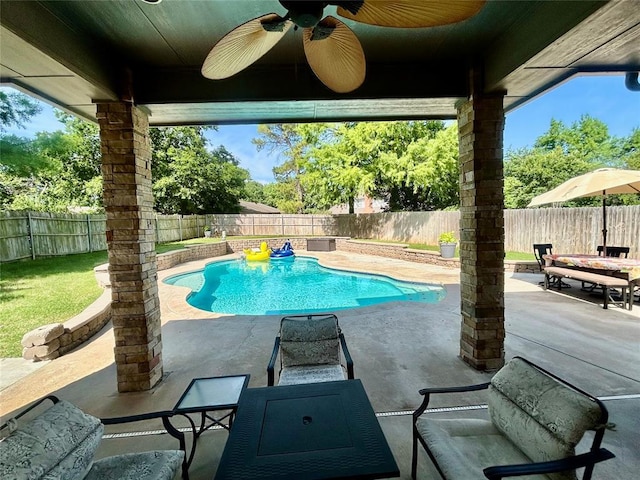 9817 Horseshoe Rd, Oklahoma City, OK 73162 - view of pool with a patio area, a fenced backyard, and a ceiling fan